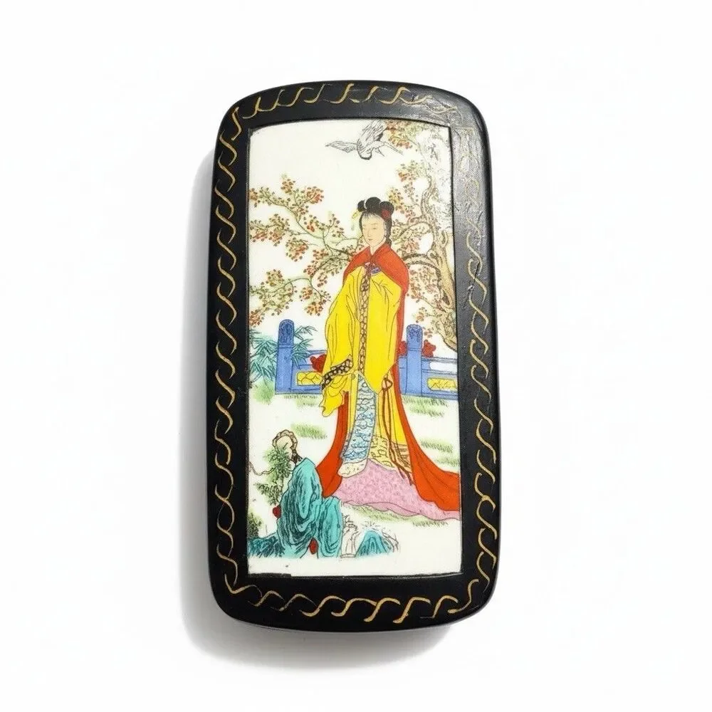 Vintage Chinese Hand Painted Scene on Lid Lacquered Black Trinket Box 4